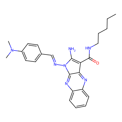 (E)-2-amino-1-((4-(dimethylamino)benzylidene)amino)-N-pentyl-1H-pyrrolo[2,3-b]quinoxaline-3-carboxamide structure