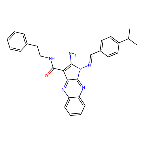 (E)-2-amino-1-((4-isopropylbenzylidene)amino)-N-phenethyl-1H-pyrrolo[2,3-b]quinoxaline-3-carboxamide structure