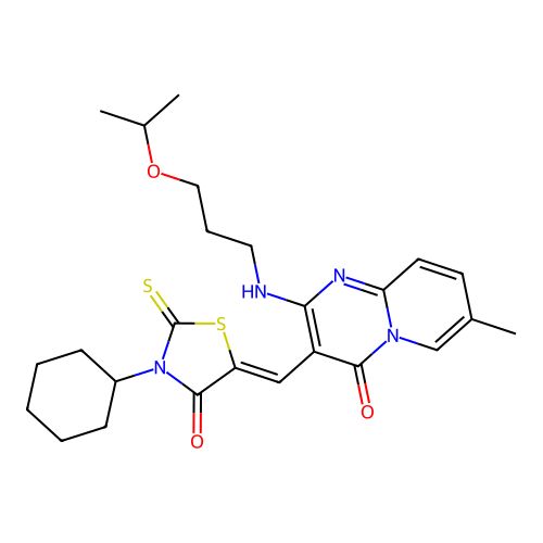 3-[(Z)-(3-cyclohexyl-4-oxo-2-thioxo-1,3-thiazolidin-5-ylidene)methyl]-7-methyl-2-{[3-(propan-2-yloxy)propyl]amino}-4H-pyrido[1,2-a]pyrimidin-4-one structure