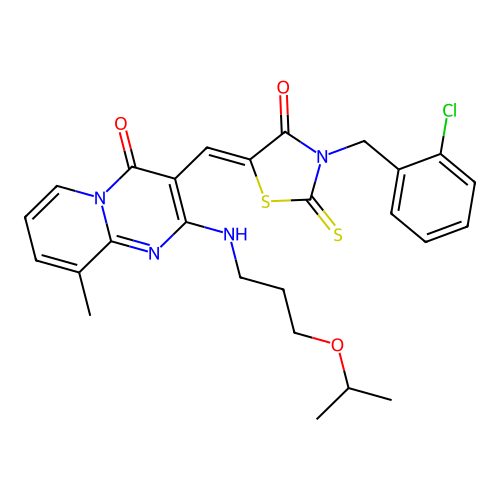 3-{(Z)-[3-(2-chlorobenzyl)-4-oxo-2-thioxo-1,3-thiazolidin-5-ylidene]methyl}-9-methyl-2-{[3-(propan-2-yloxy)propyl]amino}-4H-pyrido[1,2-a]pyrimidin-4-one structure