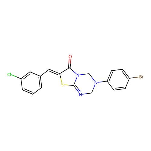 (7Z)-3-(4-bromophenyl)-7-(3-chlorobenzylidene)-3,4-dihydro-2H-[1,3]thiazolo[3,2-a][1,3,5]triazin-6(7H)-one structure
