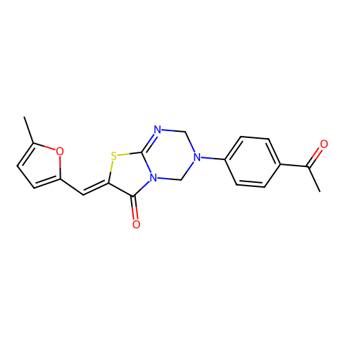 (7Z)-3-(4-acetylphenyl)-7-[(5-methylfuran-2-yl)methylidene]-2,4-dihydro-[1,3]thiazolo[3,2-a][1,3,5]triazin-6-one structure