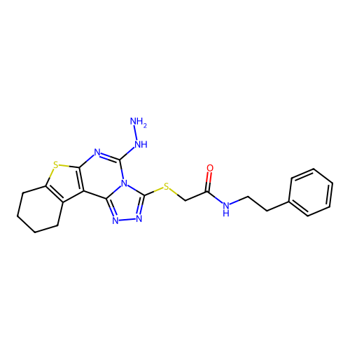 2-((5-hydrazinyl-8,9,10,11-tetrahydrobenzo[4,5]thieno[3,2-e][1,2,4]triazolo[4,3-c]pyrimidin-3-yl)thio)-N-phenethylacetamide structure