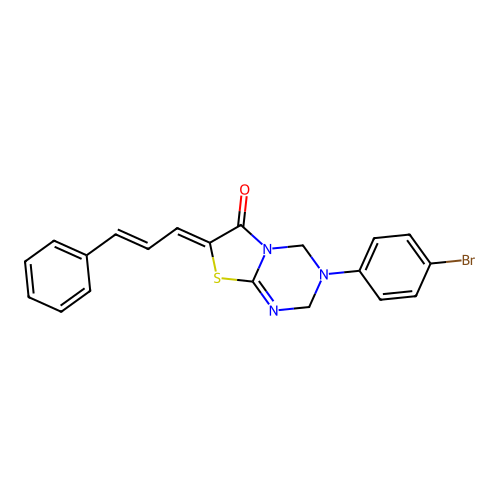 3-(4-bromophenyl)-8-cinnamylidene-7-thia-1,3,5-triazabicyclo[4.3.0]non-5-en-9-one structure