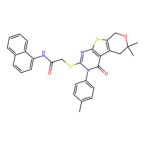2-((6,6-dimethyl-4-oxo-3-(p-tolyl)-4,5,6,8-tetrahydro-3H-pyrano[4',3':4,5]thieno[2,3-d]pyrimidin-2-yl)thio)-N-(naphthalen-1-yl)acetamide structure