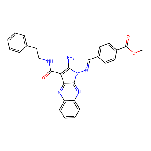 (E)-methyl 4-(((2-amino-3-(phenethylcarbamoyl)-1H-pyrrolo[2,3-b]quinoxalin-1-yl)imino)methyl)benzoate structure