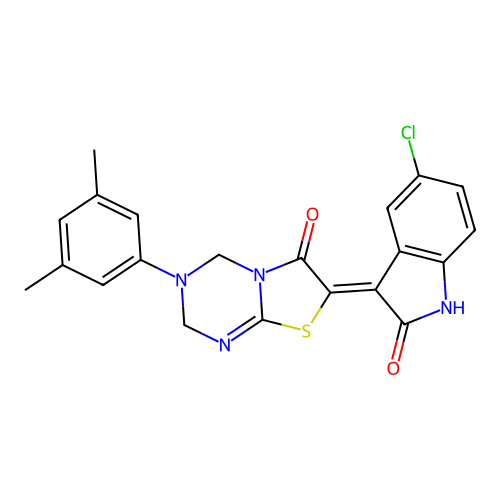 (7Z)-7-(5-chloro-2-oxo-1,2-dihydro-3H-indol-3-ylidene)-3-(3,5-dimethylphenyl)-3,4-dihydro-2H-[1,3]thiazolo[3,2-a][1,3,5]triazin-6(7H)-one structure