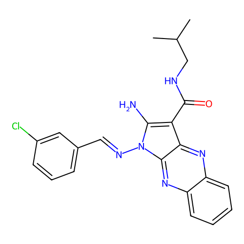 (E)-2-amino-1-((3-chlorobenzylidene)amino)-N-isobutyl-1H-pyrrolo[2,3-b]quinoxaline-3-carboxamide structure