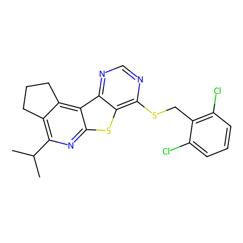 7-((2,6-dichlorobenzyl)thio)-4-isopropyl-2,3-dihydro-1H-cyclopenta[4',5']pyrido[3',2':4,5]thieno[3,2-d]pyrimidine structure