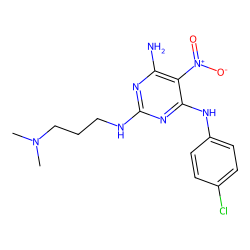[3-({4-amino-6-[(4-chlorophenyl)amino]-5-nitropyrimidin-2-yl}amino)propyl]dime thylamine structure