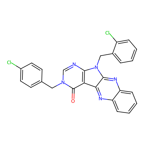 11-(2-chlorobenzyl)-3-(4-chlorobenzyl)-3,11-dihydro-4H-pyrimido[5',4':4,5]pyrrolo[2,3-b]quinoxalin-4-one structure