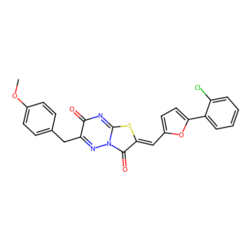 (2Z)-2-{[5-(2-chlorophenyl)furan-2-yl]methylidene}-6-(4-methoxybenzyl)-7H-[1,3]thiazolo[3,2-b][1,2,4]triazine-3,7(2H)-dione structure