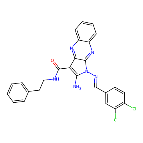 (E)-2-amino-1-((3,4-dichlorobenzylidene)amino)-N-phenethyl-1H-pyrrolo[2,3-b]quinoxaline-3-carboxamide structure