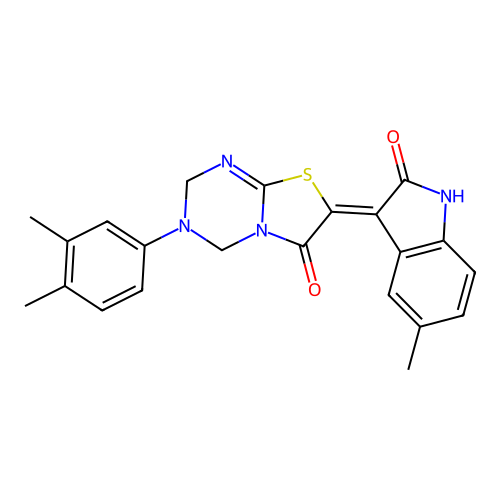 (7Z)-3-(3,4-dimethylphenyl)-7-(5-methyl-2-oxo-1,2-dihydro-3H-indol-3-ylidene)-3,4-dihydro-2H-[1,3]thiazolo[3,2-a][1,3,5]triazin-6(7H)-one structure