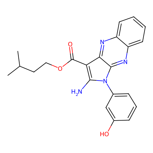 3-[2-azaniumyl-3-(3-methylbutoxycarbonyl)pyrrolo[3,2-b]quinoxalin-1-yl]phenolate structure