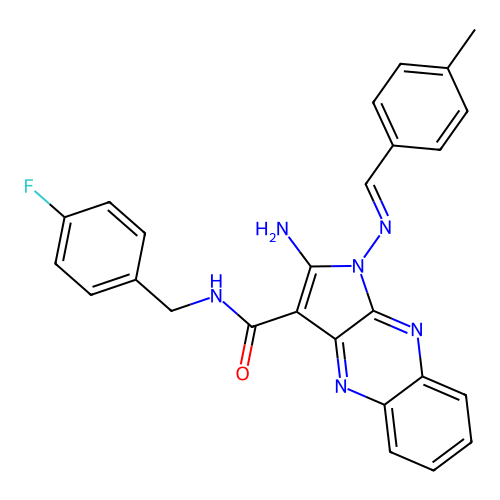 (E)-2-amino-N-(4-fluorobenzyl)-1-((4-methylbenzylidene)amino)-1H-pyrrolo[2,3-b]quinoxaline-3-carboxamide structure