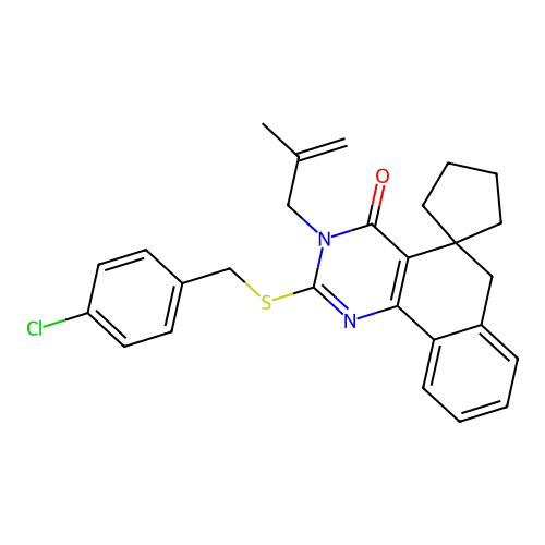 2-((4-chlorobenzyl)thio)-3-(2-methylallyl)-3H-spiro[benzo[h]quinazoline-5,1'-cyclopentan]-4(6H)-one structure