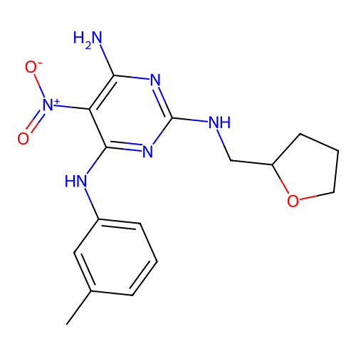 5-Nitro-N-(tetrahydro-furan-2-ylmethyl)-N'-m-tolyl-pyrimidine-2,4,6-triamine structure