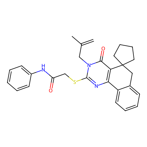 2-((3-(2-methylallyl)-4-oxo-4,6-dihydro-3H-spiro[benzo[h]quinazoline-5,1'-cyclopentan]-2-yl)thio)-N-phenylacetamide structure