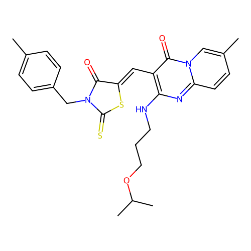 7-methyl-3-{(Z)-[3-(4-methylbenzyl)-4-oxo-2-thioxo-1,3-thiazolidin-5-ylidene]methyl}-2-{[3-(propan-2-yloxy)propyl]amino}-4H-pyrido[1,2-a]pyrimidin-4-one structure