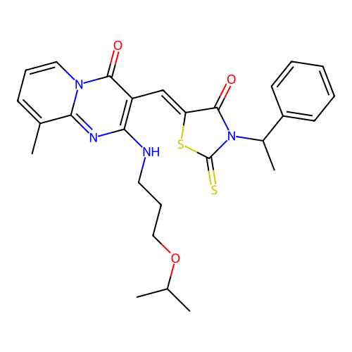 9-methyl-3-{(Z)-[4-oxo-3-(1-phenylethyl)-2-thioxo-1,3-thiazolidin-5-ylidene]methyl}-2-{[3-(propan-2-yloxy)propyl]amino}-4H-pyrido[1,2-a]pyrimidin-4-one structure