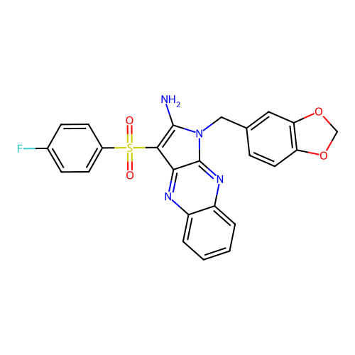 1-(1,3-benzodioxol-5-ylmethyl)-3-(4-fluorophenyl)sulfonylpyrrolo[3,2-b]quinoxalin-2-amine structure