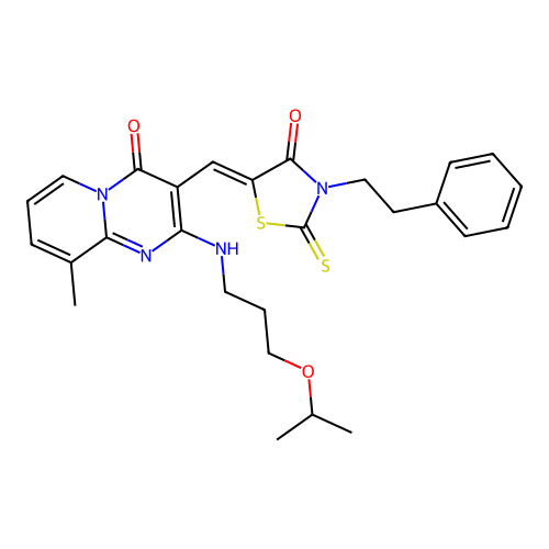 9-methyl-3-{(Z)-[4-oxo-3-(2-phenylethyl)-2-thioxo-1,3-thiazolidin-5-ylidene]methyl}-2-{[3-(propan-2-yloxy)propyl]amino}-4H-pyrido[1,2-a]pyrimidin-4-one structure