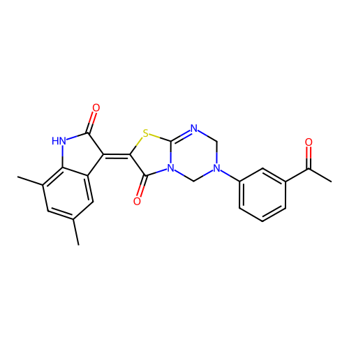 (7Z)-3-(3-acetylphenyl)-7-(5,7-dimethyl-2-oxo-1,2-dihydro-3H-indol-3-ylidene)-3,4-dihydro-2H-[1,3]thiazolo[3,2-a][1,3,5]triazin-6(7H)-one structure