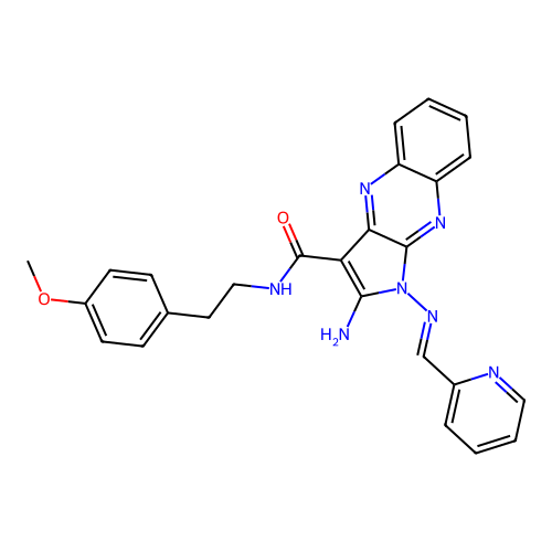 (E)-2-amino-N-(4-methoxyphenethyl)-1-((pyridin-2-ylmethylene)amino)-1H-pyrrolo[2,3-b]quinoxaline-3-carboxamide structure