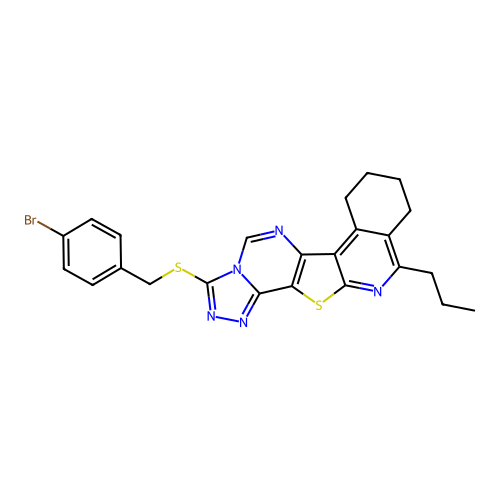 3-((4-bromobenzyl)thio)-11-propyl-7,8,9,10-tetrahydro-[1,2,4]triazolo[4'',3'':1',6']pyrimido[4',5':4,5]thieno[2,3-c]isoquinoline structure
