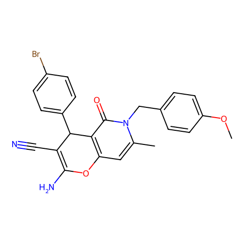 2-amino-4-(4-bromophenyl)-6-(4-methoxybenzyl)-7-methyl-5-oxo-5,6-dihydro-4H-pyrano[3,2-c]pyridine-3-carbonitrile structure
