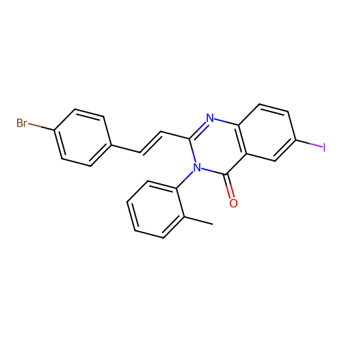 2-[(E)-2-(4-bromophenyl)ethenyl]-6-iodo-3-(2-methylphenyl)quinazolin-4(3H)-one structure