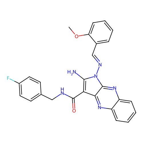(E)-2-amino-N-(4-fluorobenzyl)-1-((2-methoxybenzylidene)amino)-1H-pyrrolo[2,3-b]quinoxaline-3-carboxamide structure