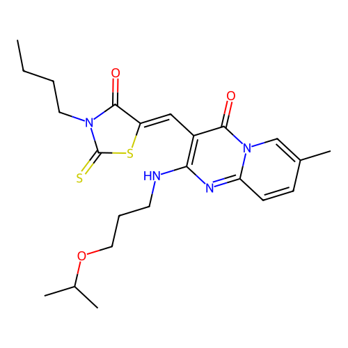 3-[(Z)-(3-butyl-4-oxo-2-thioxo-1,3-thiazolidin-5-ylidene)methyl]-7-methyl-2-{[3-(propan-2-yloxy)propyl]amino}-4H-pyrido[1,2-a]pyrimidin-4-one structure