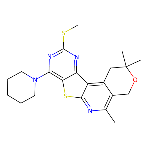 2,2,5-trimethyl-10-(methylsulfanyl)-8-(piperidin-1-yl)-1,4-dihydro-2H-pyrano[4'',3'':4',5']pyrido[3',2':4,5]thieno[3,2-d]pyrimidine structure
