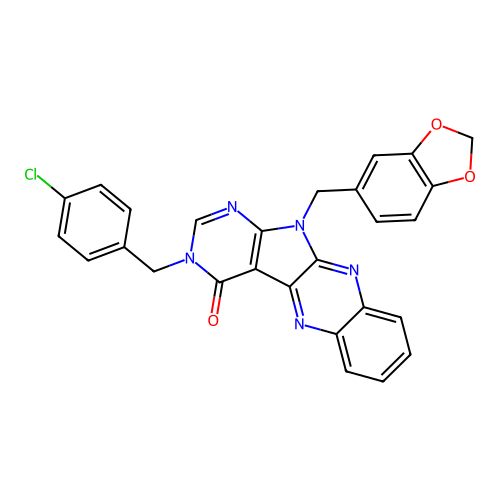 11-(1,3-benzodioxol-5-ylmethyl)-3-(4-chlorobenzyl)-3,11-dihydro-4H-pyrimido[5',4':4,5]pyrrolo[2,3-b]quinoxalin-4-one structure