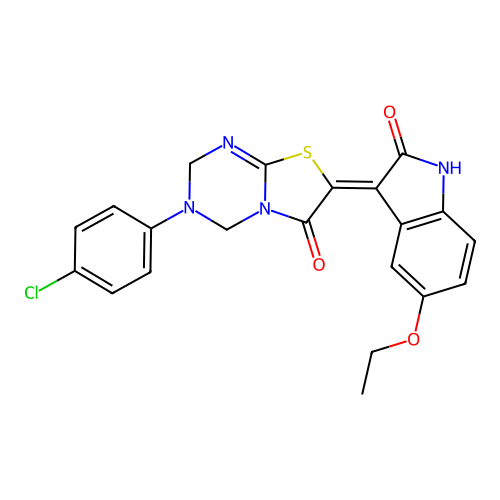 (7Z)-3-(4-chlorophenyl)-7-(5-ethoxy-2-oxo-1,2-dihydro-3H-indol-3-ylidene)-3,4-dihydro-2H-[1,3]thiazolo[3,2-a][1,3,5]triazin-6(7H)-one structure