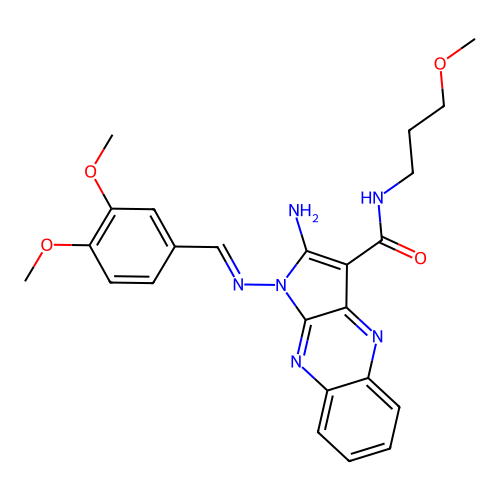 2-amino-1-{[(E)-(3,4-dimethoxyphenyl)methylidene]amino}-N-(3-methoxypropyl)-1H-pyrrolo[2,3-b]quinoxaline-3-carboxamide structure