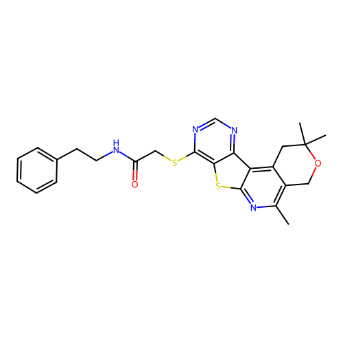 N-(2-phenylethyl)-2-[(2,2,5-trimethyl-1,4-dihydro-2H-pyrano[4'',3'':4',5']pyrido[3',2':4,5]thieno[3,2-d]pyrimidin-8-yl)sulfanyl]acetamide structure