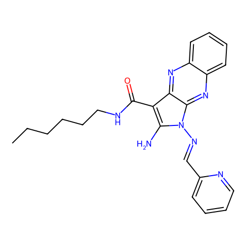 (E)-2-amino-N-hexyl-1-((pyridin-2-ylmethylene)amino)-1H-pyrrolo[2,3-b]quinoxaline-3-carboxamide structure