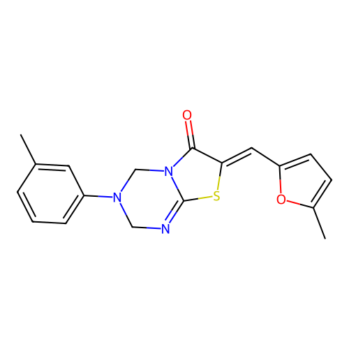 (7Z)-7-[(5-methylfuran-2-yl)methylidene]-3-(3-methylphenyl)-2,4-dihydro-[1,3]thiazolo[3,2-a][1,3,5]triazin-6-one structure