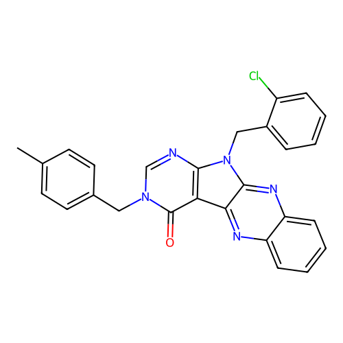 11-(2-chlorobenzyl)-3-(4-methylbenzyl)-3,11-dihydro-4H-pyrimido[5',4':4,5]pyrrolo[2,3-b]quinoxalin-4-one structure