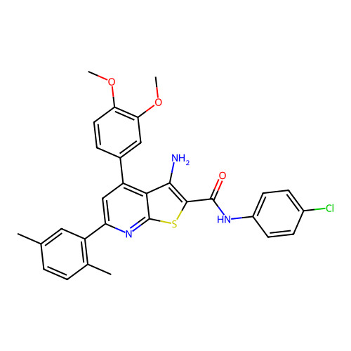 3-amino-N-(4-chlorophenyl)-4-(3,4-dimethoxyphenyl)-6-(2,5-dimethylphenyl)thieno[2,3-b]pyridine-2-carboxamide structure