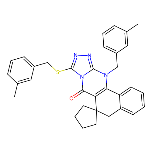 12-(3-methylbenzyl)-9-((3-methylbenzyl)thio)-5H-spiro[benzo[h][1,2,4]triazolo[3,4-b]quinazoline-6,1'-cyclopentan]-7(12H)-one structure