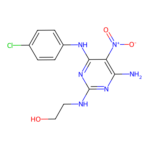 2-((4-Amino-6-((4-chlorophenyl)amino)-5-nitropyrimidin-2-yl)amino)ethanol structure