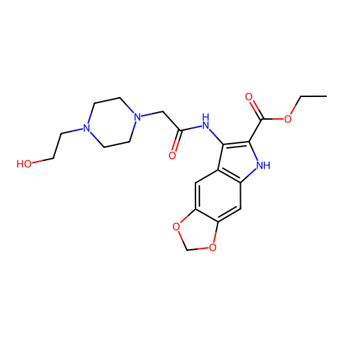 7-{2-[4-(2-Hydroxy-ethyl)-piperazin-1-yl]-acetylamino}-5H-[1,3]dioxolo[4,5-f]indole-6-carboxylic acid  ethyl ester structure