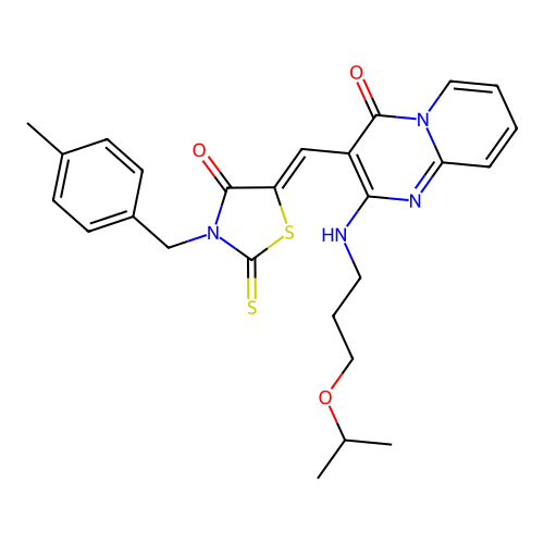 (5Z)-3-[(4-methylphenyl)methyl]-5-[[4-oxo-2-(3-propan-2-yloxypropylamino)pyrido[1,2-a]pyrimidin-3-yl]methylidene]-2-sulfanylidene-1,3-thiazolidin-4-one structure