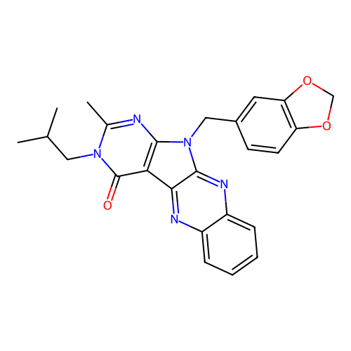 11-(benzo[d][1,3]dioxol-5-ylmethyl)-3-isobutyl-2-methyl-3H-pyrimido[5',4':4,5]pyrrolo[2,3-b]quinoxalin-4(11H)-one structure