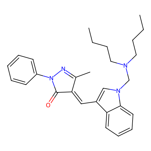 (4E)-4-[[1-[(dibutylamino)methyl]indol-3-yl]methylidene]-5-methyl-2-phenylpyrazol-3-one structure