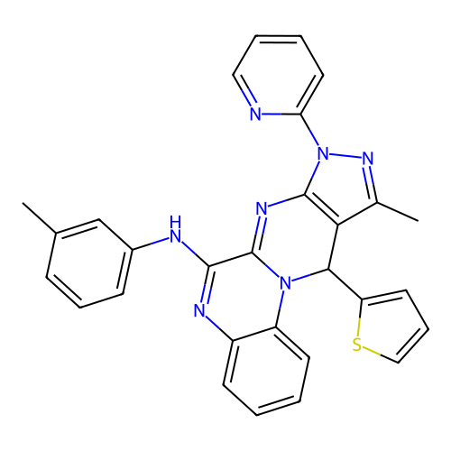 10-methyl-8-(pyridin-2-yl)-11-(thiophen-2-yl)-N-(m-tolyl)-8,11-dihydropyrazolo[3',4':4,5]pyrimido[1,2-a]quinoxalin-6-amine structure